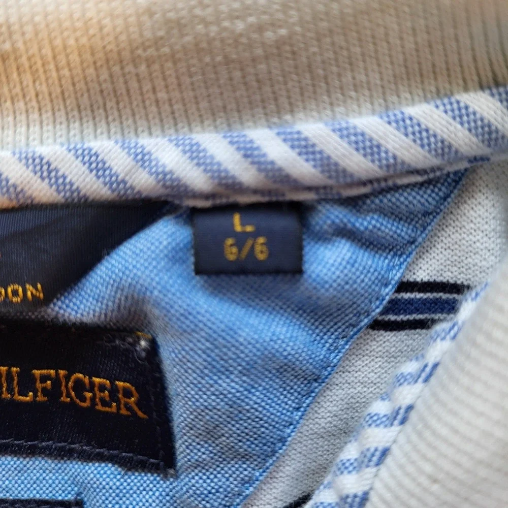 Tommy Hilfiger Golf Mens Large White Navy Striped Mercerized Cotton Polo Shirt